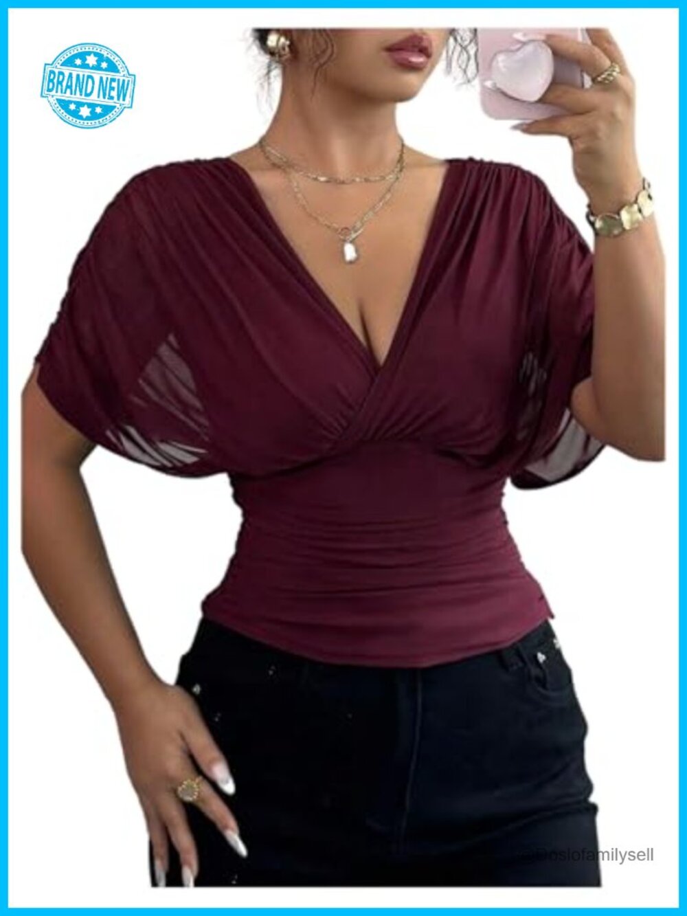Women's Wrap Top Cinched Waist Sheer Mesh Short Sleeve V-Neck Going Out Top